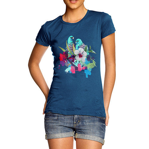 Women's Watercolour Pixel Birds With Flowers T-Shirt