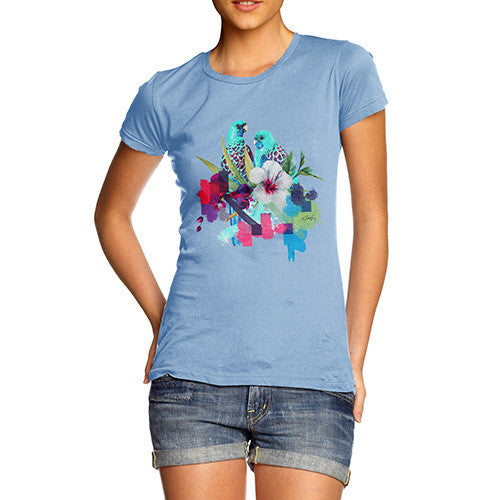 Women's Watercolour Pixel Birds With Flowers T-Shirt