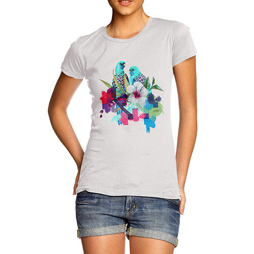 Women's Watercolour Pixel Birds With Flowers T-Shirt