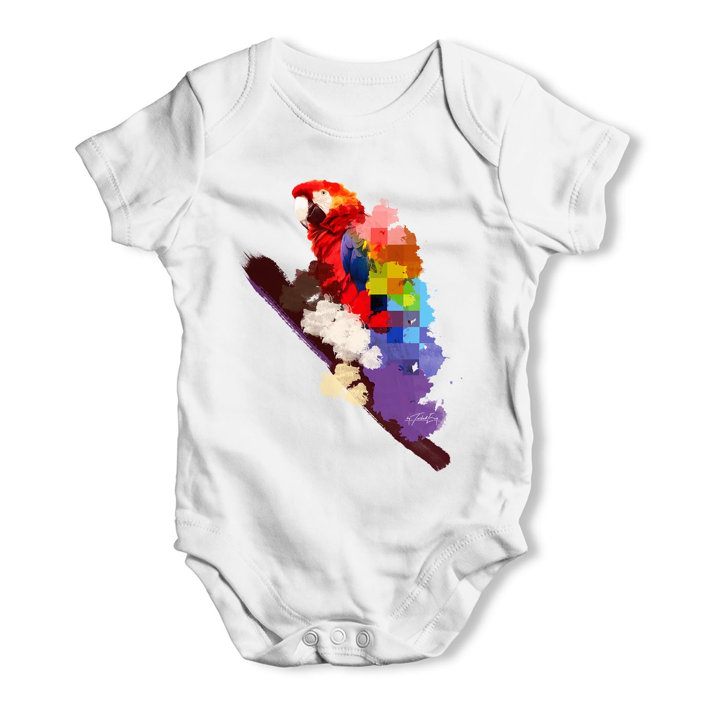 Watercolour Pixel Rainbow McCaw Parrot Baby Grow Bodysuit