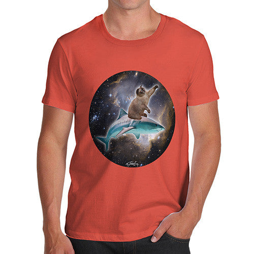 Men's Cat Riding A Shark In Space T-Shirt