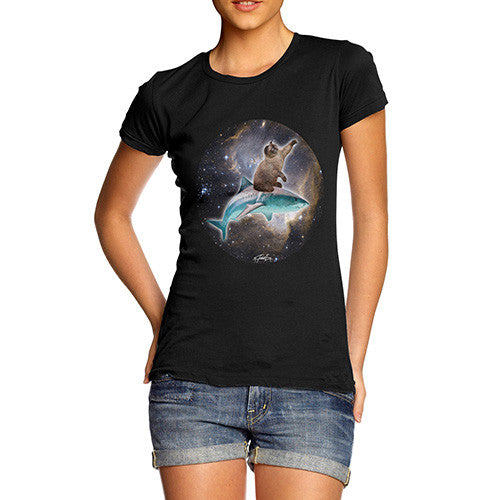 Women's Cat Riding A Shark In Space T-Shirt