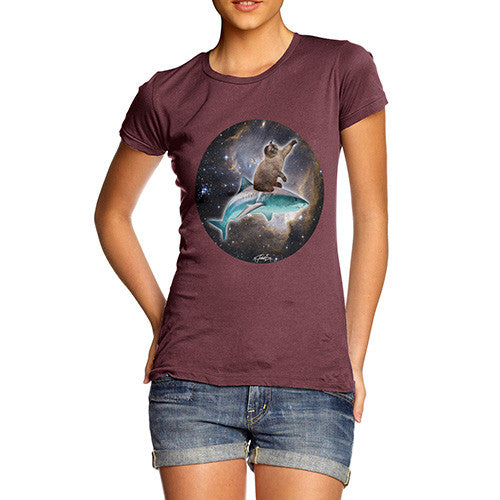 Women's Cat Riding A Shark In Space T-Shirt