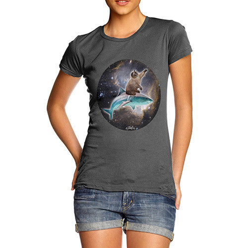 Women's Cat Riding A Shark In Space T-Shirt