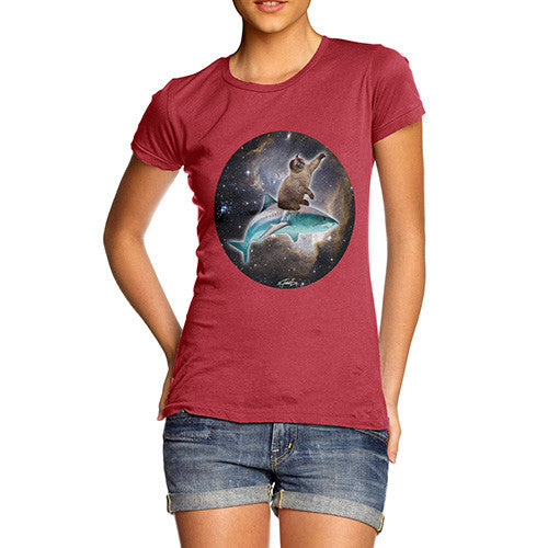 Women's Cat Riding A Shark In Space T-Shirt