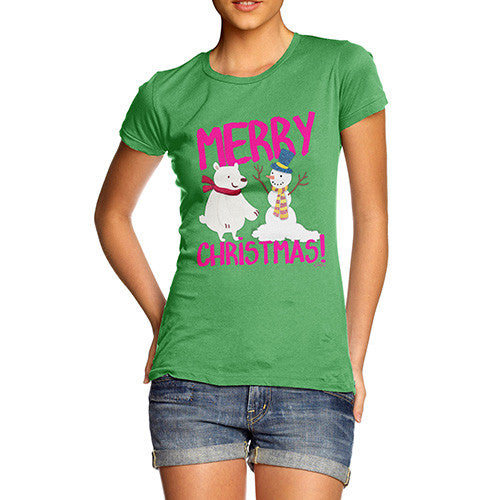 Women's Merry Christmas Bear & Snowman T-Shirt