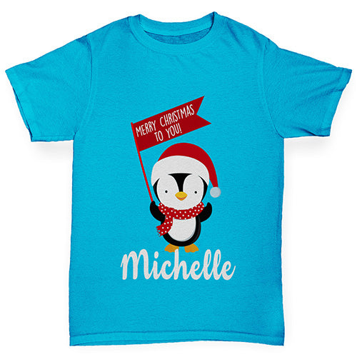 Personalised Xmas Penguin Girl's T-Shirt 