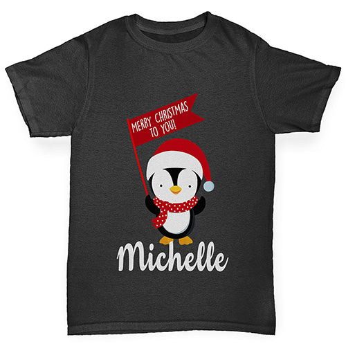 Personalised Xmas Penguin Girl's T-Shirt 