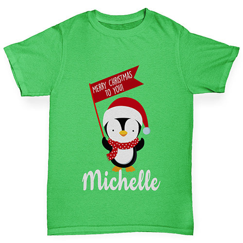 Personalised Xmas Penguin Girl's T-Shirt 