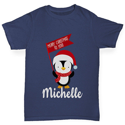 Personalised Xmas Penguin Girl's T-Shirt 