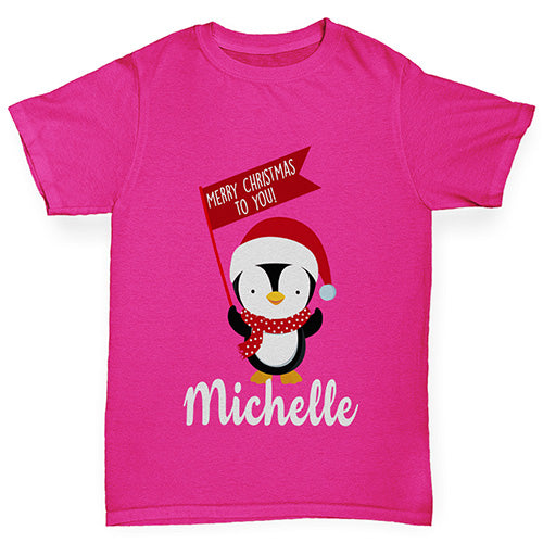 Personalised Xmas Penguin Girl's T-Shirt 