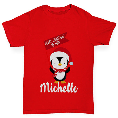 Personalised Xmas Penguin Girl's T-Shirt 