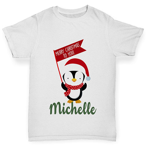 Personalised Xmas Penguin Girl's T-Shirt 