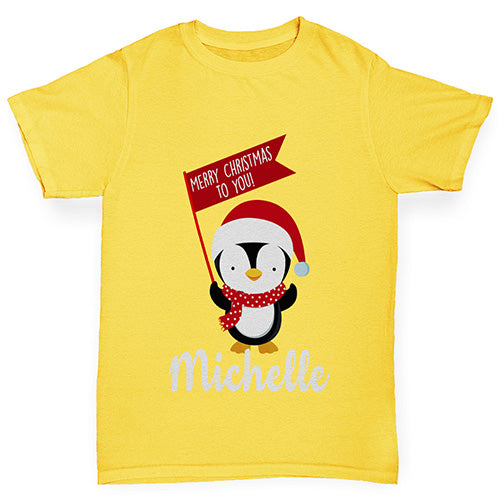 Personalised Xmas Penguin Girl's T-Shirt 