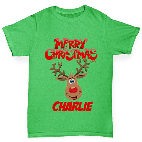 Merry Christmas Reindeer Personalised Boy's T-Shirt