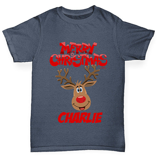 Merry Christmas Reindeer Personalised Boy's T-Shirt