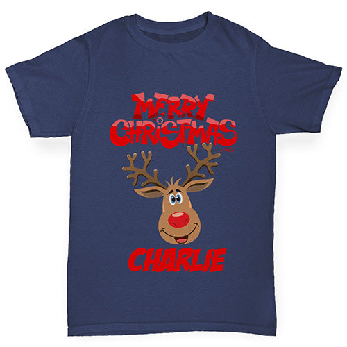 Merry Christmas Reindeer Personalised Boy's T-Shirt