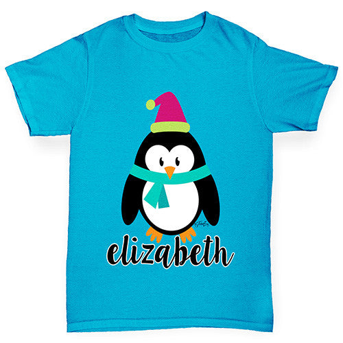 Personalised Cartoon Christmas Penguin Girl's T-Shirt 