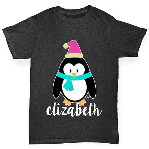 Personalised Cartoon Christmas Penguin Girl's T-Shirt 