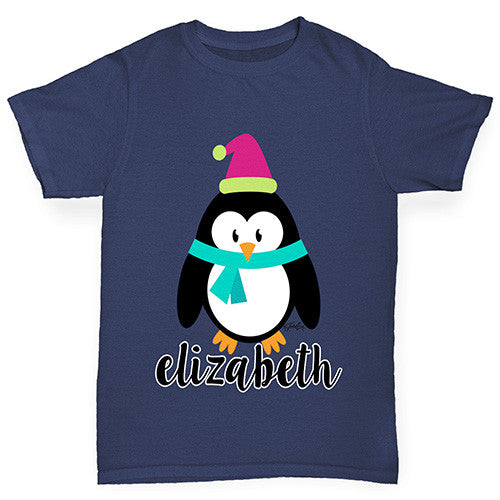 Personalised Cartoon Christmas Penguin Girl's T-Shirt 