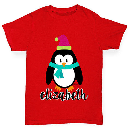 Personalised Cartoon Christmas Penguin Girl's T-Shirt 