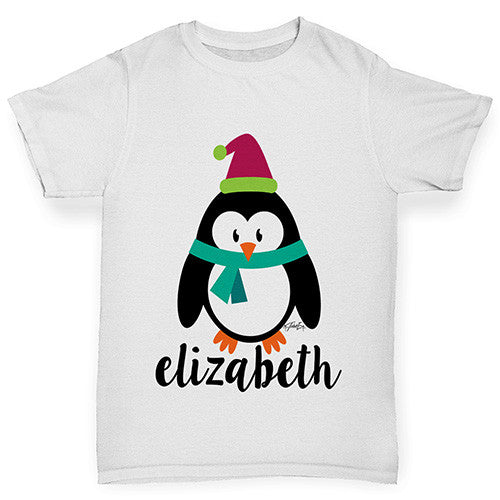 Personalised Cartoon Christmas Penguin Girl's T-Shirt 