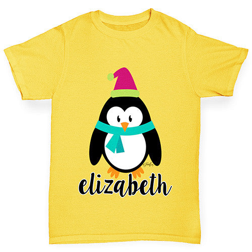 Personalised Cartoon Christmas Penguin Girl's T-Shirt 