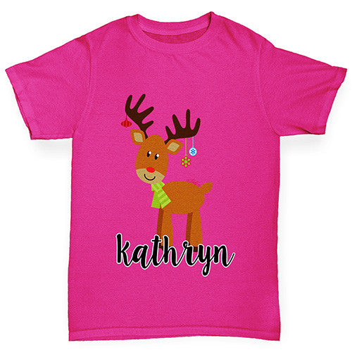 Personalised Cartoon Reindeer Girl's T-Shirt 