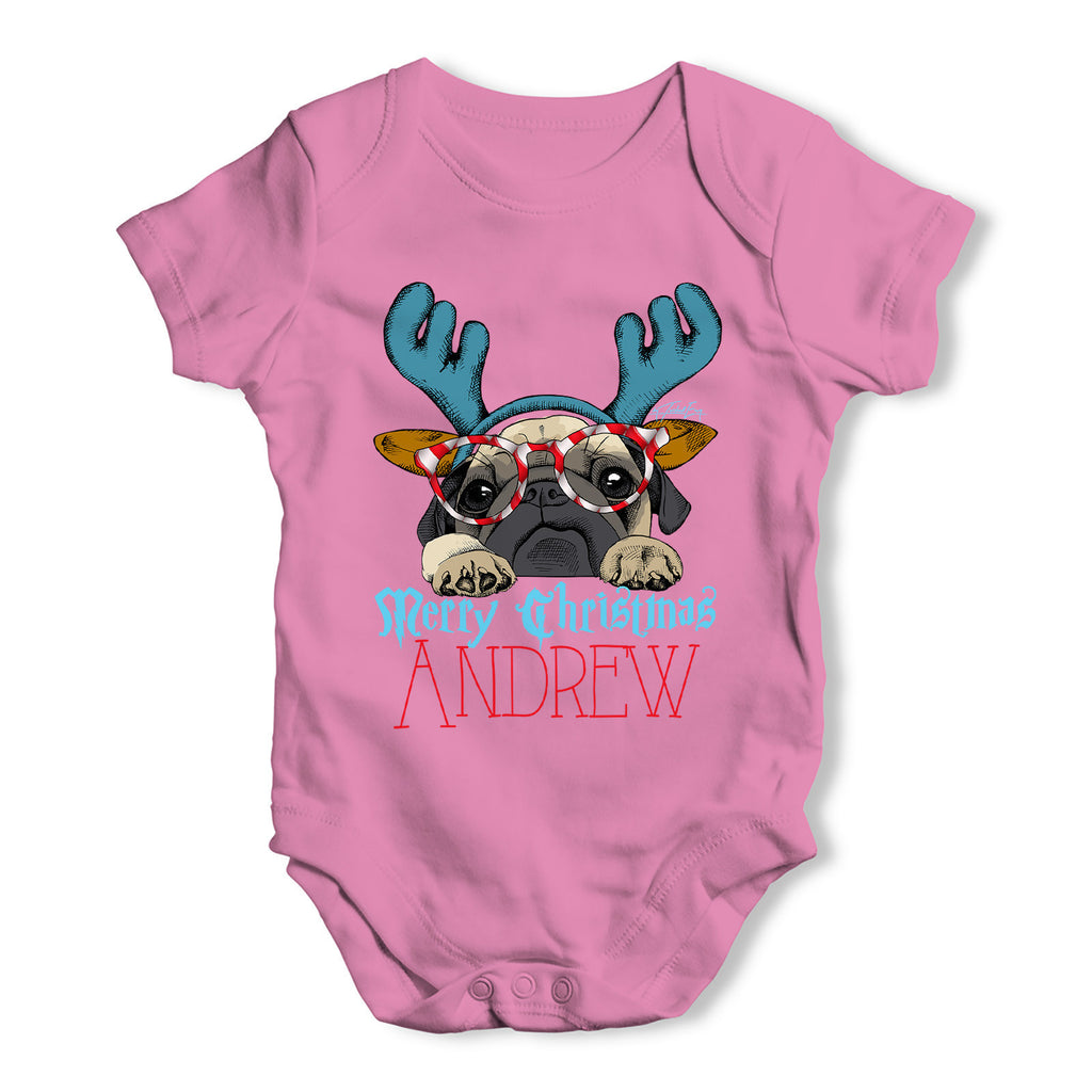 Personalised Candy Cane Pug Baby Grow Bodysuit