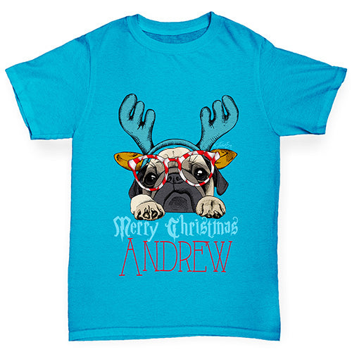 Personalised Christmas Deer Pug Boy's T-Shirt