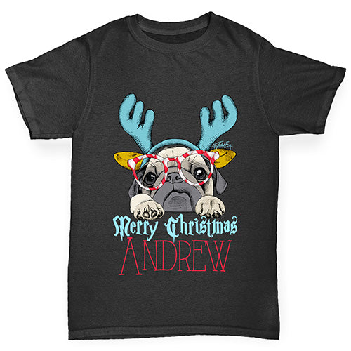 Personalised Christmas Deer Pug Boy's T-Shirt