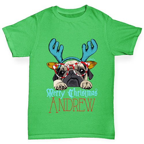 Personalised Christmas Deer Pug Boy's T-Shirt