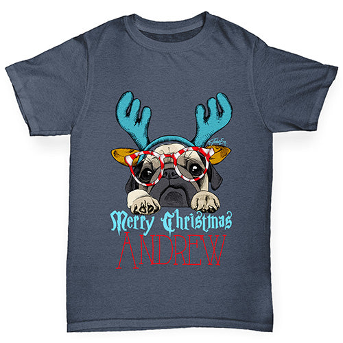 Personalised Christmas Deer Pug Boy's T-Shirt