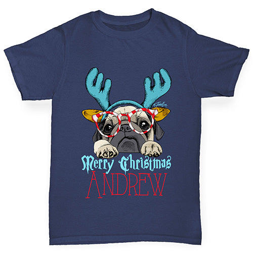 Personalised Christmas Deer Pug Boy's T-Shirt