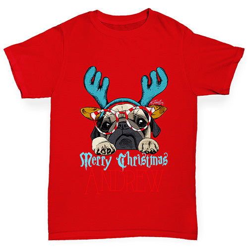 Personalised Christmas Deer Pug Boy's T-Shirt