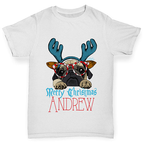 Personalised Christmas Deer Pug Boy's T-Shirt