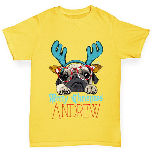 Personalised Christmas Deer Pug Boy's T-Shirt