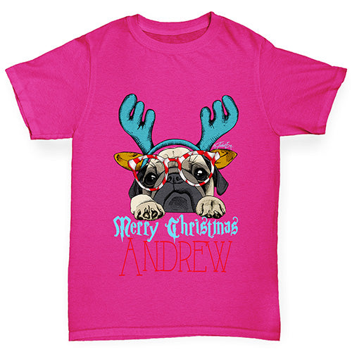 Personalised Christmas Deer Pug Girl's T-Shirt 