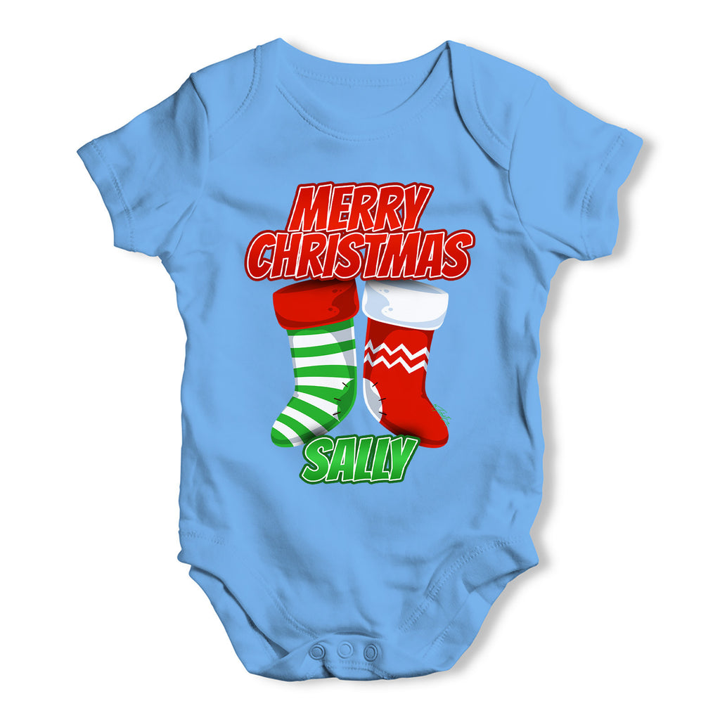 Personalised Merry Christmas Stockings Baby Grow Bodysuit