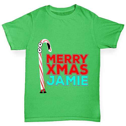 Personalised Cartoon Christmas Candy Cane Boy's T-Shirt