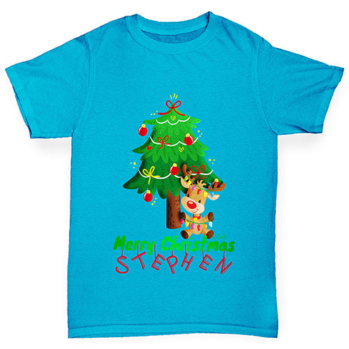 Personalised Merry Christmas Reindeer Tree Boy's T-Shirt