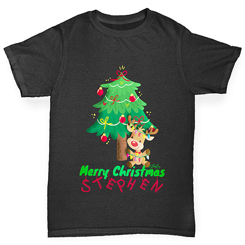 Personalised Merry Christmas Reindeer Tree Boy's T-Shirt