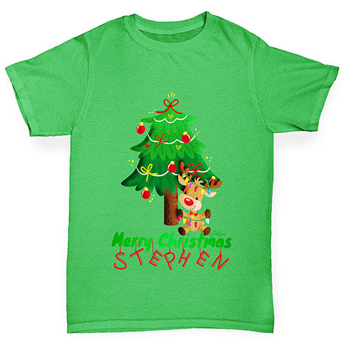 Personalised Merry Christmas Reindeer Tree Boy's T-Shirt