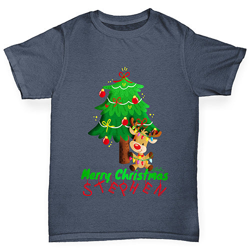 Personalised Merry Christmas Reindeer Tree Boy's T-Shirt