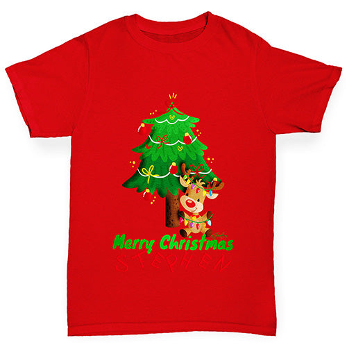 Personalised Merry Christmas Reindeer Tree Boy's T-Shirt