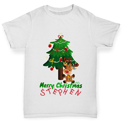 Personalised Merry Christmas Reindeer Tree Boy's T-Shirt