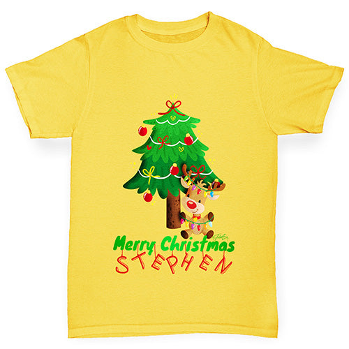 Personalised Merry Christmas Reindeer Tree Boy's T-Shirt