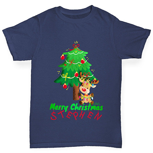 Personalised Merry Christmas Reindeer Tree Girl's T-Shirt 