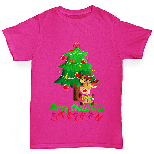 Personalised Merry Christmas Reindeer Tree Girl's T-Shirt 