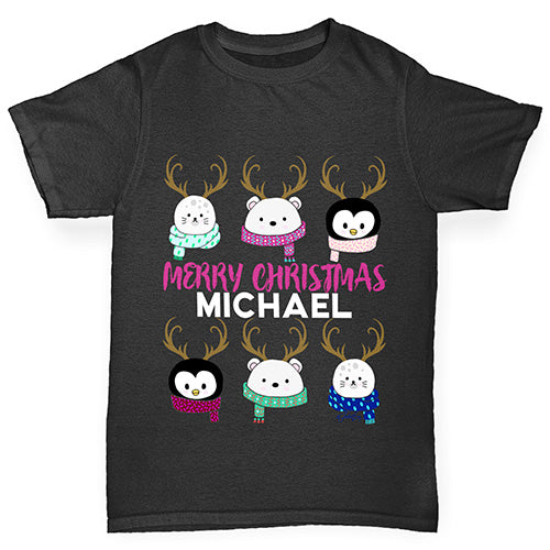 Personalised Cute Christmas Animals Boy's T-Shirt